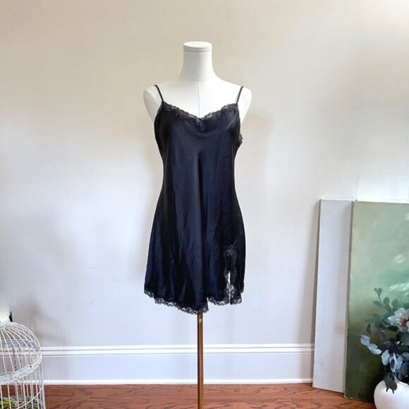 Victorias Secret Satin Slip Dress M Lace Trim Dark Romantic Whimsigoth Intimate - Picture 1 of 13
